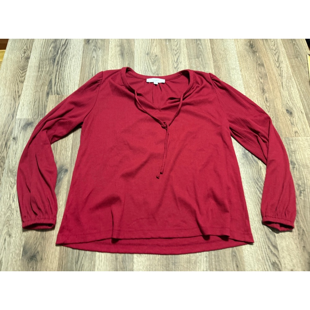 LOFT Top Womens Size L Red Blouse Long Sleeve Tie Neck Ribbed Knit